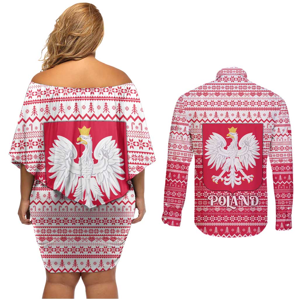 Poland Christmas Couples Matching Off Shoulder Short Dress and Long Sleeve Button Shirt with Santa Riding Stork White Eagle Emblem and Red Snowflake Knit Pattern Design - Wonder Print Shop