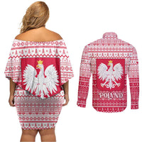 Poland Christmas Couples Matching Off Shoulder Short Dress and Long Sleeve Button Shirt with Santa Riding Stork White Eagle Emblem and Red Snowflake Knit Pattern Design - Wonder Print Shop