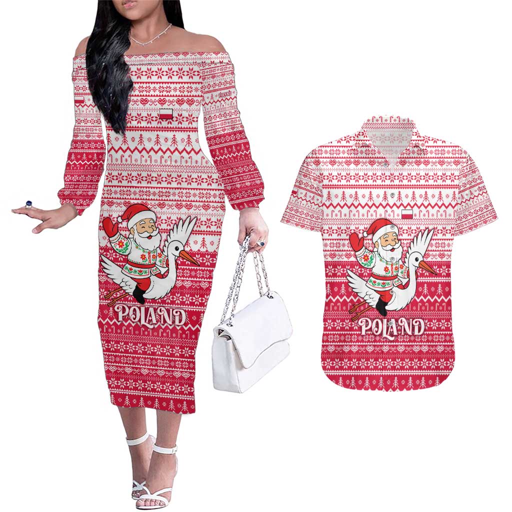 Poland Christmas Couples Matching Off The Shoulder Long Sleeve Dress and Hawaiian Shirt with Santa Riding Stork White Eagle Emblem and Red Snowflake Knit Pattern Design - Wonder Print Shop