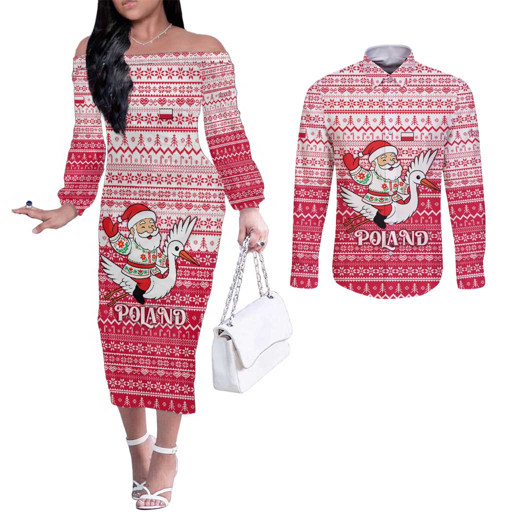 Poland Christmas Couples Matching Off The Shoulder Long Sleeve Dress and Long Sleeve Button Shirt with Santa Riding Stork White Eagle Emblem and Red Snowflake Knit Pattern Design - Wonder Print Shop