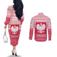 Poland Christmas Couples Matching Off The Shoulder Long Sleeve Dress and Long Sleeve Button Shirt with Santa Riding Stork White Eagle Emblem and Red Snowflake Knit Pattern Design - Wonder Print Shop