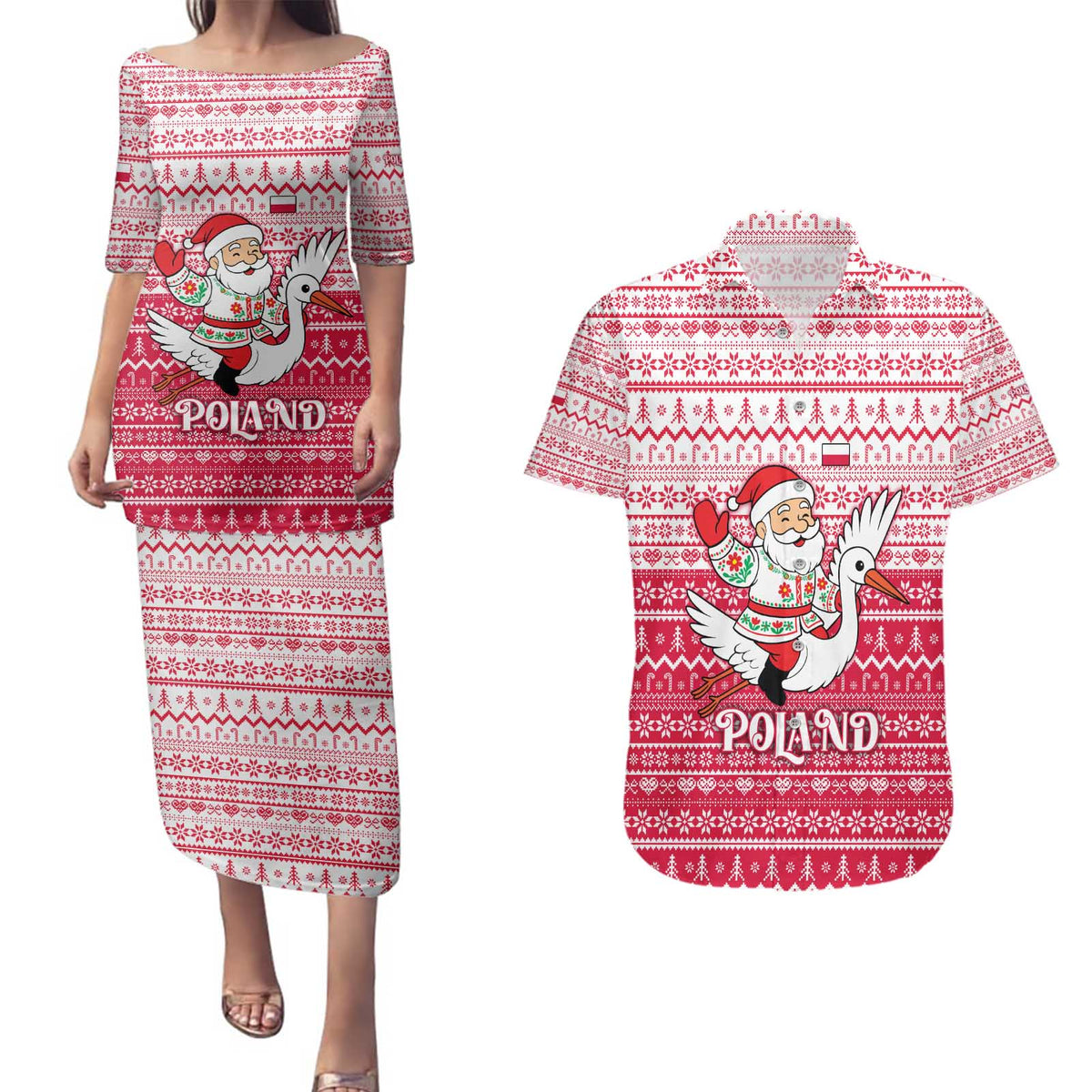 Poland Christmas Couples Matching Puletasi and Hawaiian Shirt with Santa Riding Stork White Eagle Emblem and Red Snowflake Knit Pattern Design - Wonder Print Shop