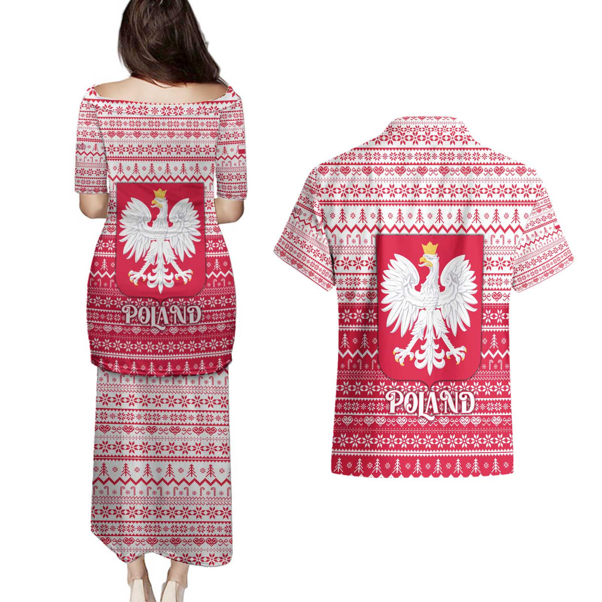Poland Christmas Couples Matching Puletasi and Hawaiian Shirt with Santa Riding Stork White Eagle Emblem and Red Snowflake Knit Pattern Design - Wonder Print Shop