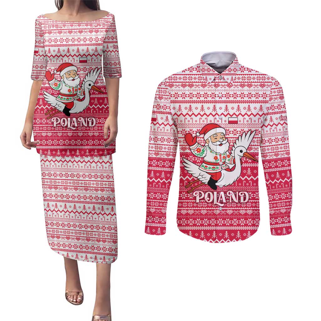 Poland Christmas Couples Matching Puletasi and Long Sleeve Button Shirt with Santa Riding Stork White Eagle Emblem and Red Snowflake Knit Pattern Design - Wonder Print Shop