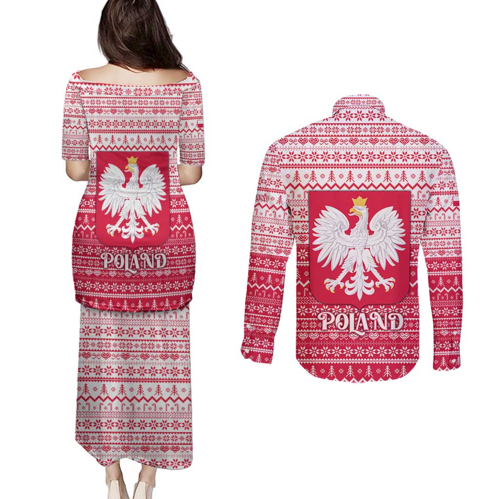 Poland Christmas Couples Matching Puletasi and Long Sleeve Button Shirt with Santa Riding Stork White Eagle Emblem and Red Snowflake Knit Pattern Design - Wonder Print Shop
