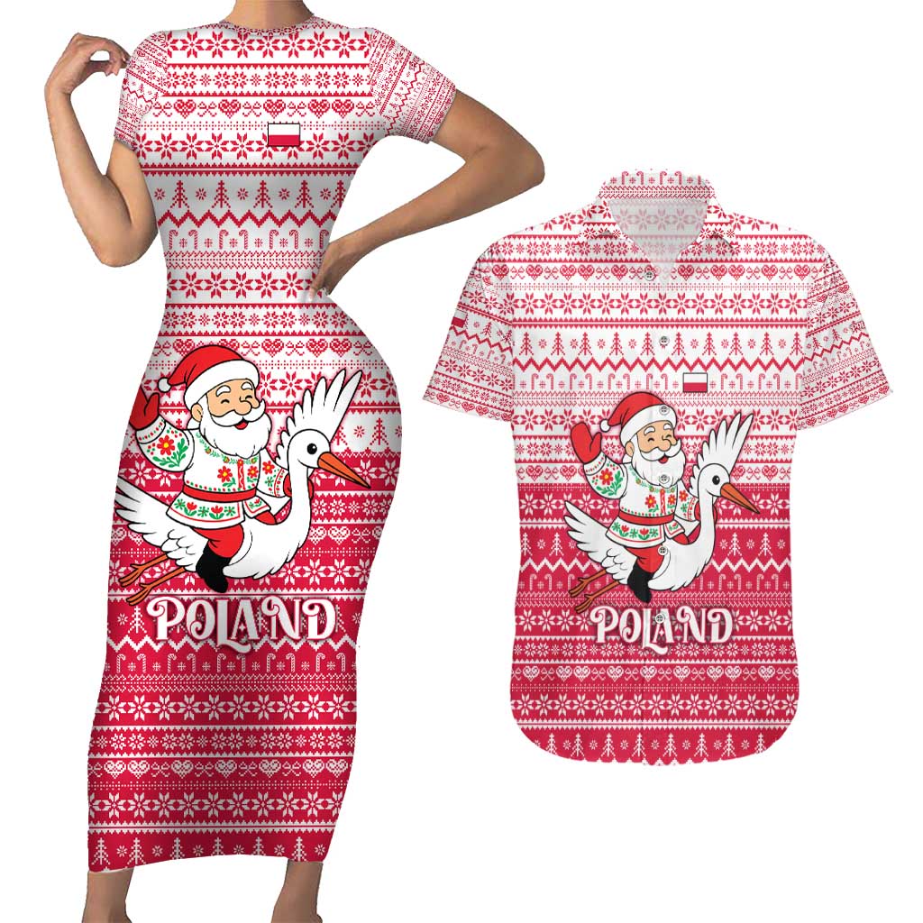 Poland Christmas Couples Matching Short Sleeve Bodycon Dress and Hawaiian Shirt with Santa Riding Stork White Eagle Emblem and Red Snowflake Knit Pattern Design - Wonder Print Shop