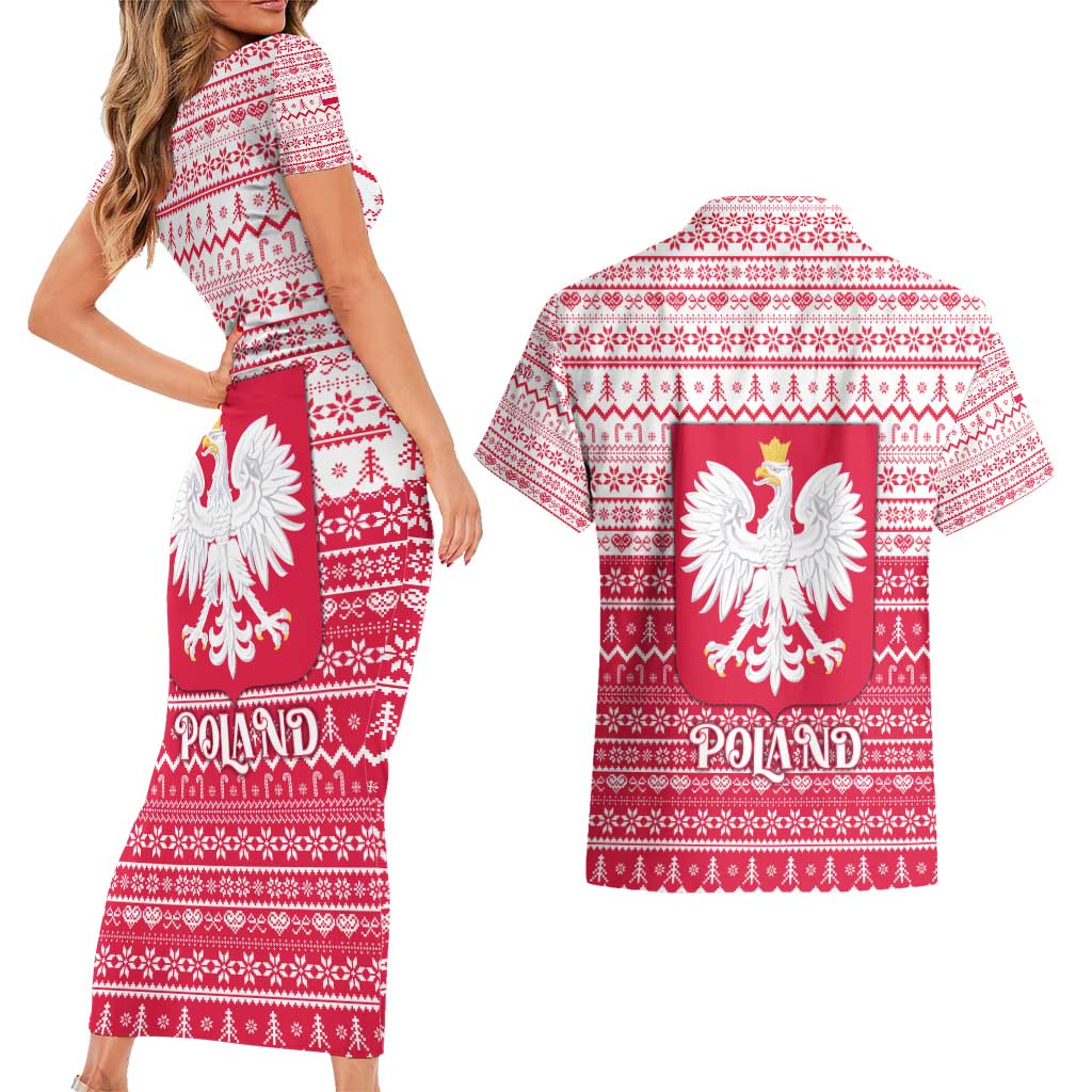 Poland Christmas Couples Matching Short Sleeve Bodycon Dress and Hawaiian Shirt with Santa Riding Stork White Eagle Emblem and Red Snowflake Knit Pattern Design - Wonder Print Shop
