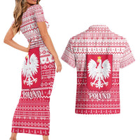 Poland Christmas Couples Matching Short Sleeve Bodycon Dress and Hawaiian Shirt with Santa Riding Stork White Eagle Emblem and Red Snowflake Knit Pattern Design - Wonder Print Shop