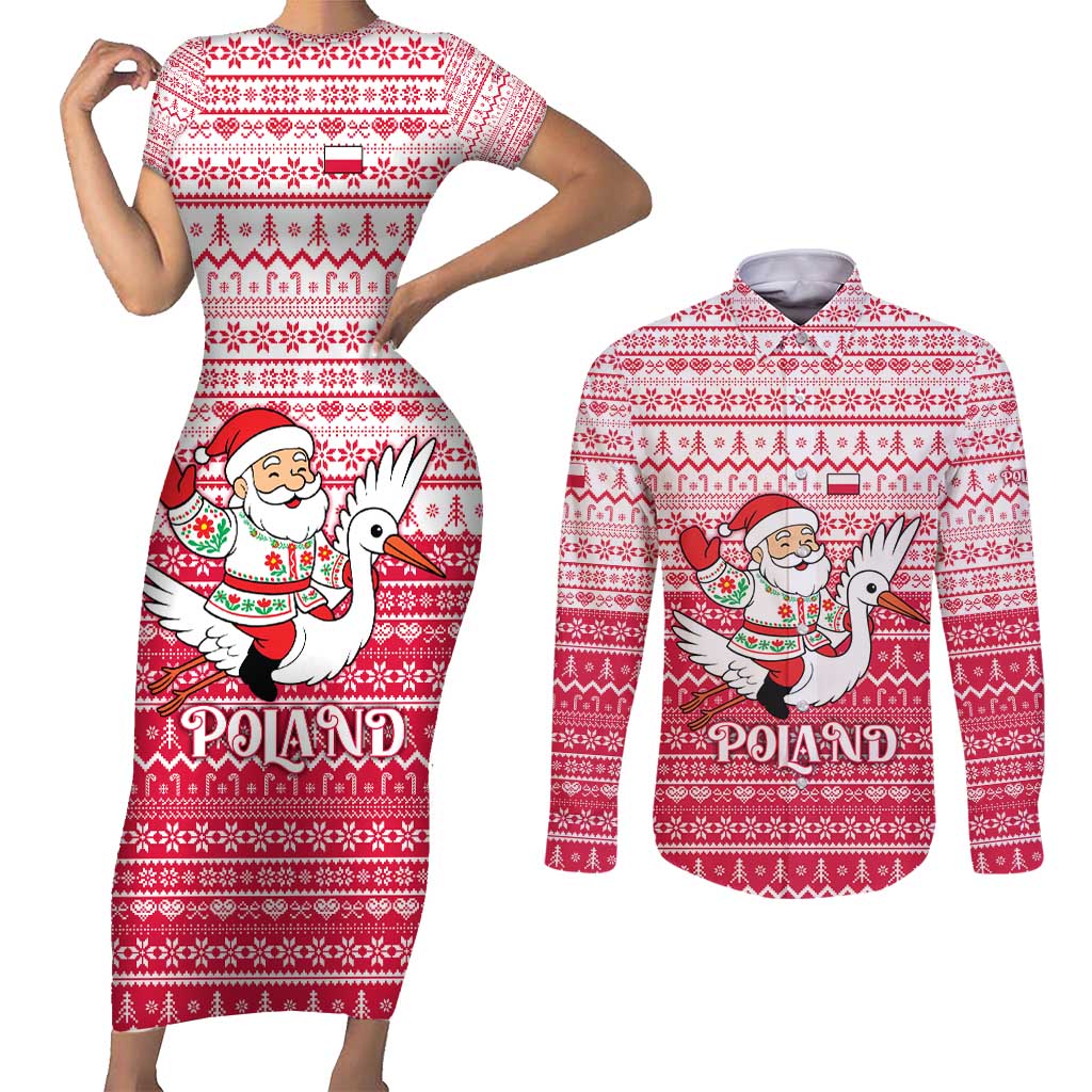 Poland Christmas Couples Matching Short Sleeve Bodycon Dress and Long Sleeve Button Shirt with Santa Riding Stork White Eagle Emblem and Red Snowflake Knit Pattern Design - Wonder Print Shop
