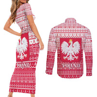 Poland Christmas Couples Matching Short Sleeve Bodycon Dress and Long Sleeve Button Shirt with Santa Riding Stork White Eagle Emblem and Red Snowflake Knit Pattern Design - Wonder Print Shop
