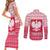 Poland Christmas Couples Matching Short Sleeve Bodycon Dress and Long Sleeve Button Shirt with Santa Riding Stork White Eagle Emblem and Red Snowflake Knit Pattern Design - Wonder Print Shop