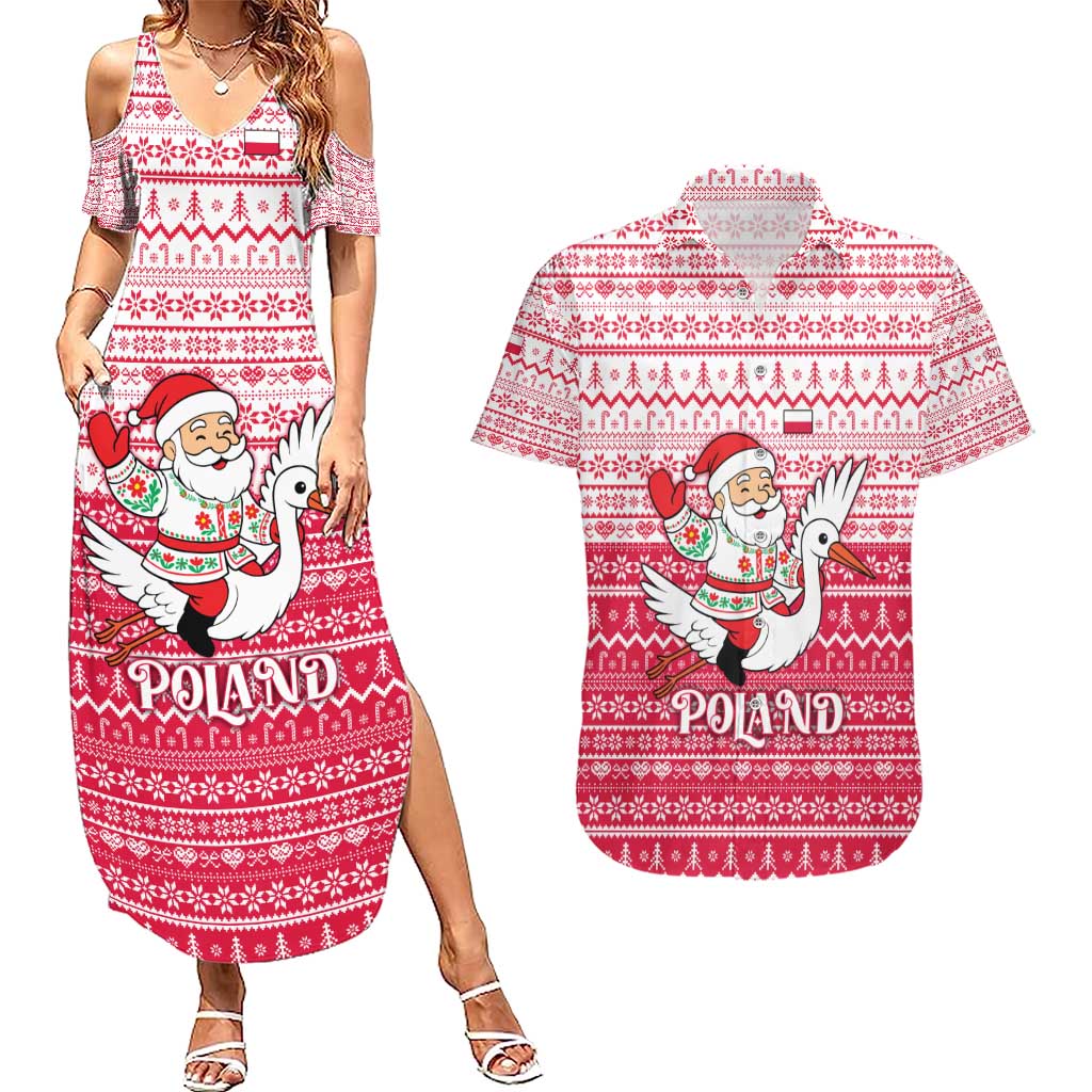 Poland Christmas Couples Matching Summer Maxi Dress and Hawaiian Shirt with Santa Riding Stork White Eagle Emblem and Red Snowflake Knit Pattern Design - Wonder Print Shop