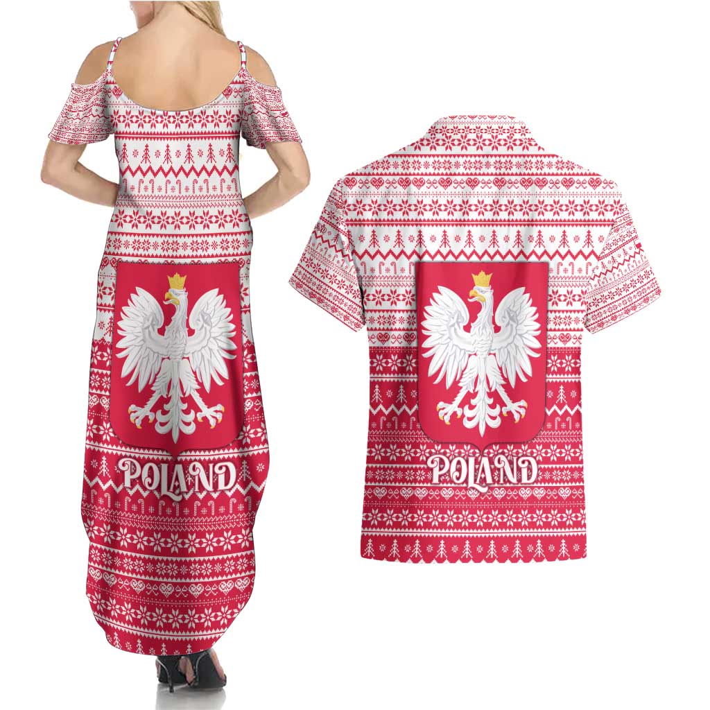 Poland Christmas Couples Matching Summer Maxi Dress and Hawaiian Shirt with Santa Riding Stork White Eagle Emblem and Red Snowflake Knit Pattern Design - Wonder Print Shop