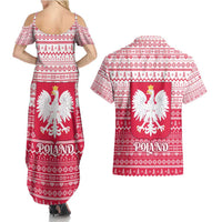 Poland Christmas Couples Matching Summer Maxi Dress and Hawaiian Shirt with Santa Riding Stork White Eagle Emblem and Red Snowflake Knit Pattern Design - Wonder Print Shop
