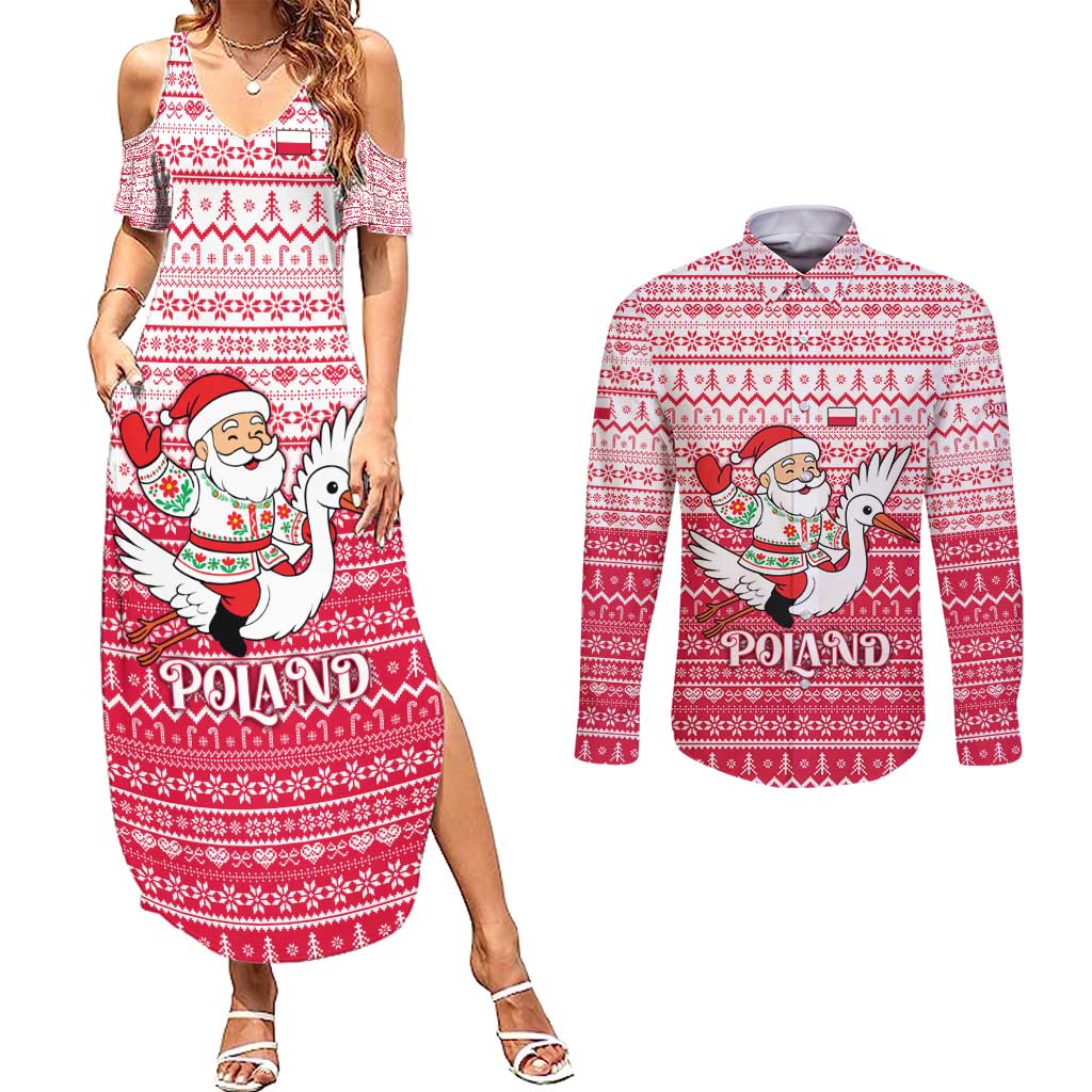 Poland Christmas Couples Matching Summer Maxi Dress and Long Sleeve Button Shirt with Santa Riding Stork White Eagle Emblem and Red Snowflake Knit Pattern Design - Wonder Print Shop