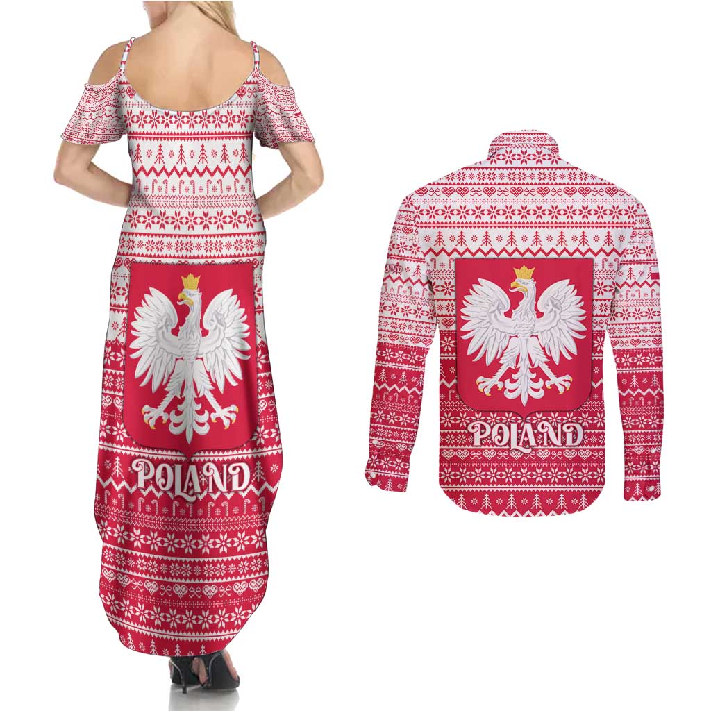 Poland Christmas Couples Matching Summer Maxi Dress and Long Sleeve Button Shirt with Santa Riding Stork White Eagle Emblem and Red Snowflake Knit Pattern Design - Wonder Print Shop