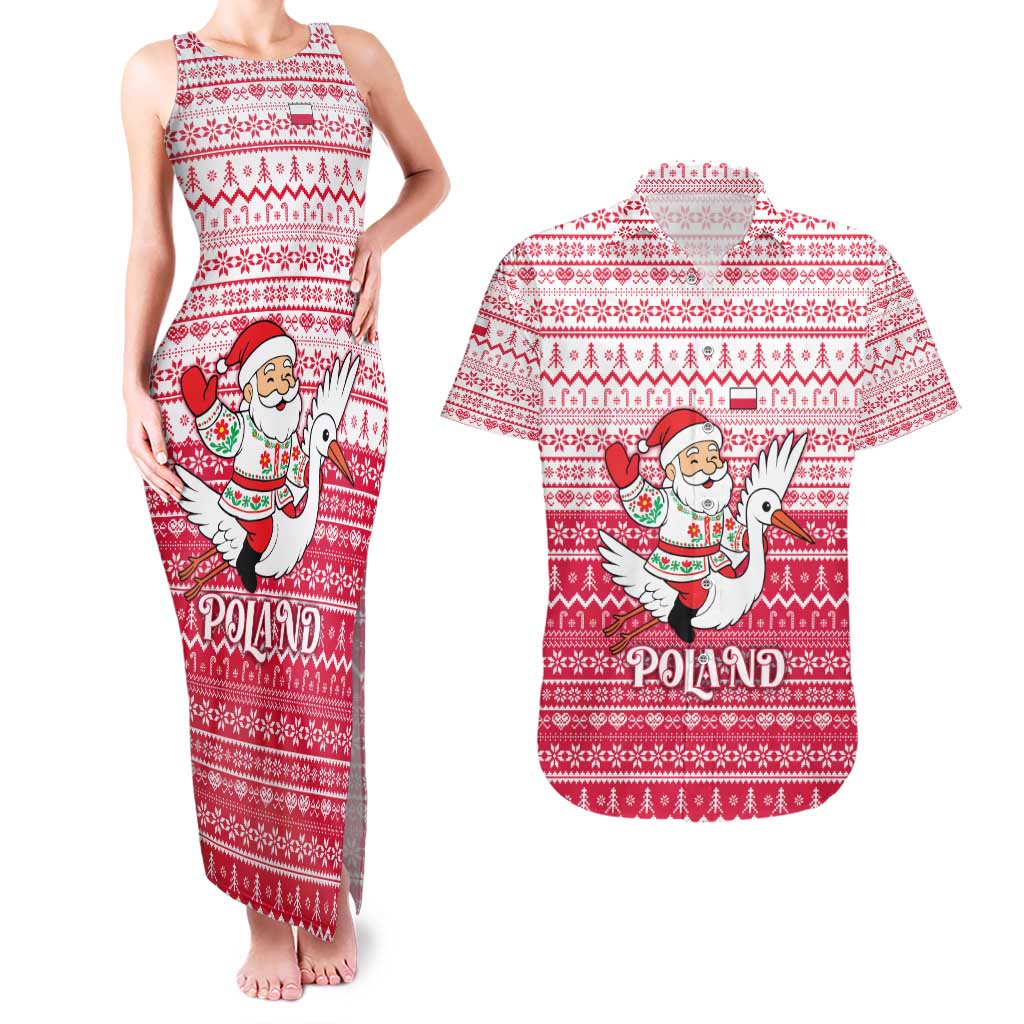 Poland Christmas Couples Matching Tank Maxi Dress and Hawaiian Shirt with Santa Riding Stork White Eagle Emblem and Red Snowflake Knit Pattern Design - Wonder Print Shop