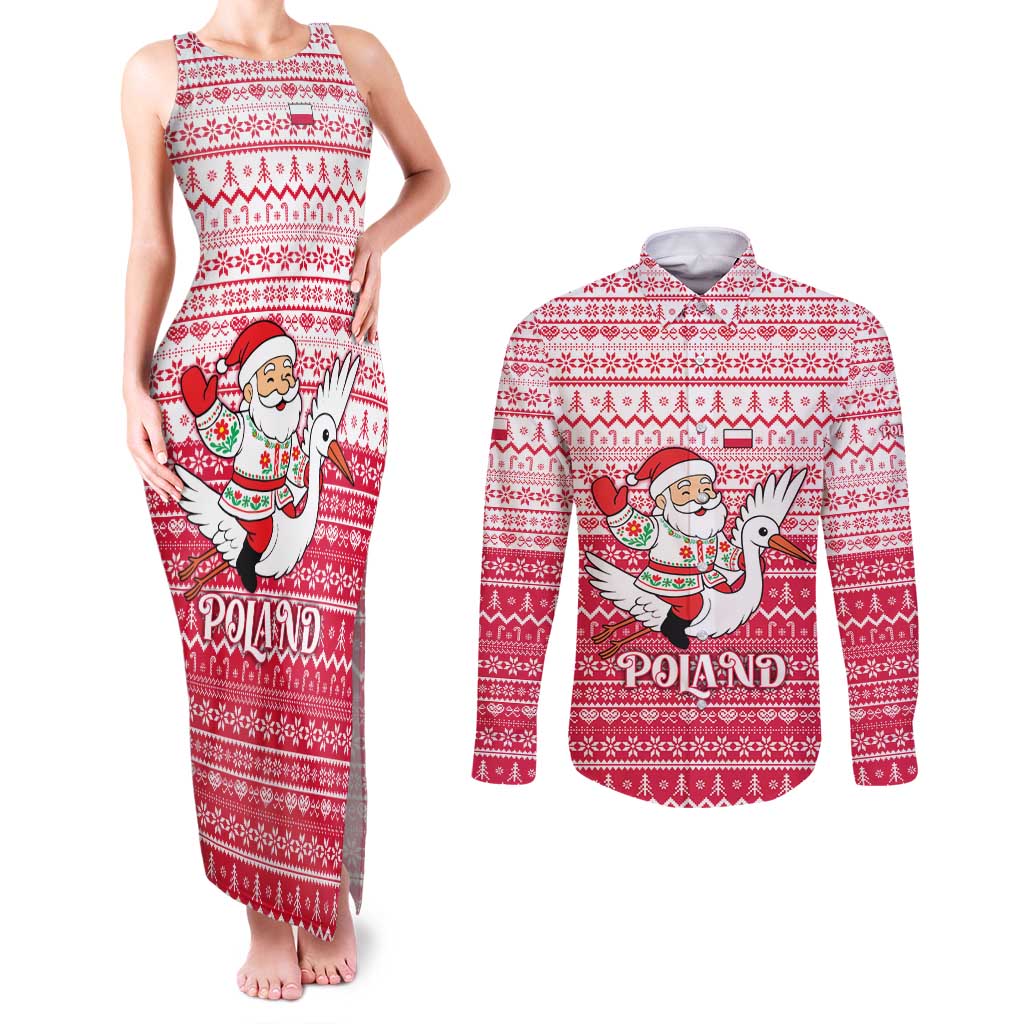 Poland Christmas Couples Matching Tank Maxi Dress and Long Sleeve Button Shirt with Santa Riding Stork White Eagle Emblem and Red Snowflake Knit Pattern Design - Wonder Print Shop