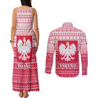 Poland Christmas Couples Matching Tank Maxi Dress and Long Sleeve Button Shirt with Santa Riding Stork White Eagle Emblem and Red Snowflake Knit Pattern Design - Wonder Print Shop