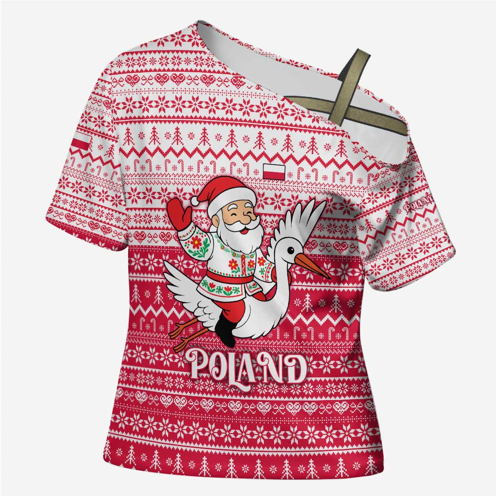 Poland Christmas Cross Shoulder Shirt with Santa Riding Stork White Eagle Emblem and Red Snowflake Knit Pattern Design - Wonder Print Shop
