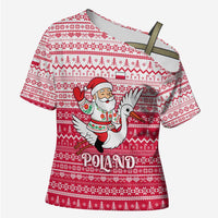 Poland Christmas Cross Shoulder Shirt with Santa Riding Stork White Eagle Emblem and Red Snowflake Knit Pattern Design - Wonder Print Shop