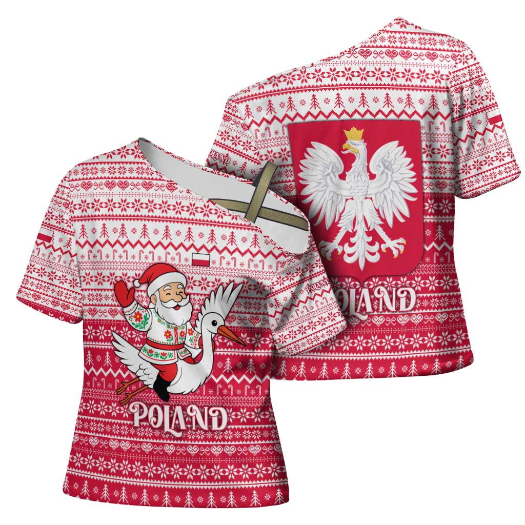 Poland Christmas Cross Shoulder Shirt with Santa Riding Stork White Eagle Emblem and Red Snowflake Knit Pattern Design - Wonder Print Shop