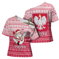 Poland Christmas Cross Shoulder Shirt with Santa Riding Stork White Eagle Emblem and Red Snowflake Knit Pattern Design - Wonder Print Shop