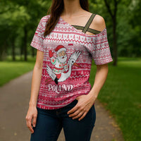 Poland Christmas Cross Shoulder Shirt with Santa Riding Stork White Eagle Emblem and Red Snowflake Knit Pattern Design - Wonder Print Shop