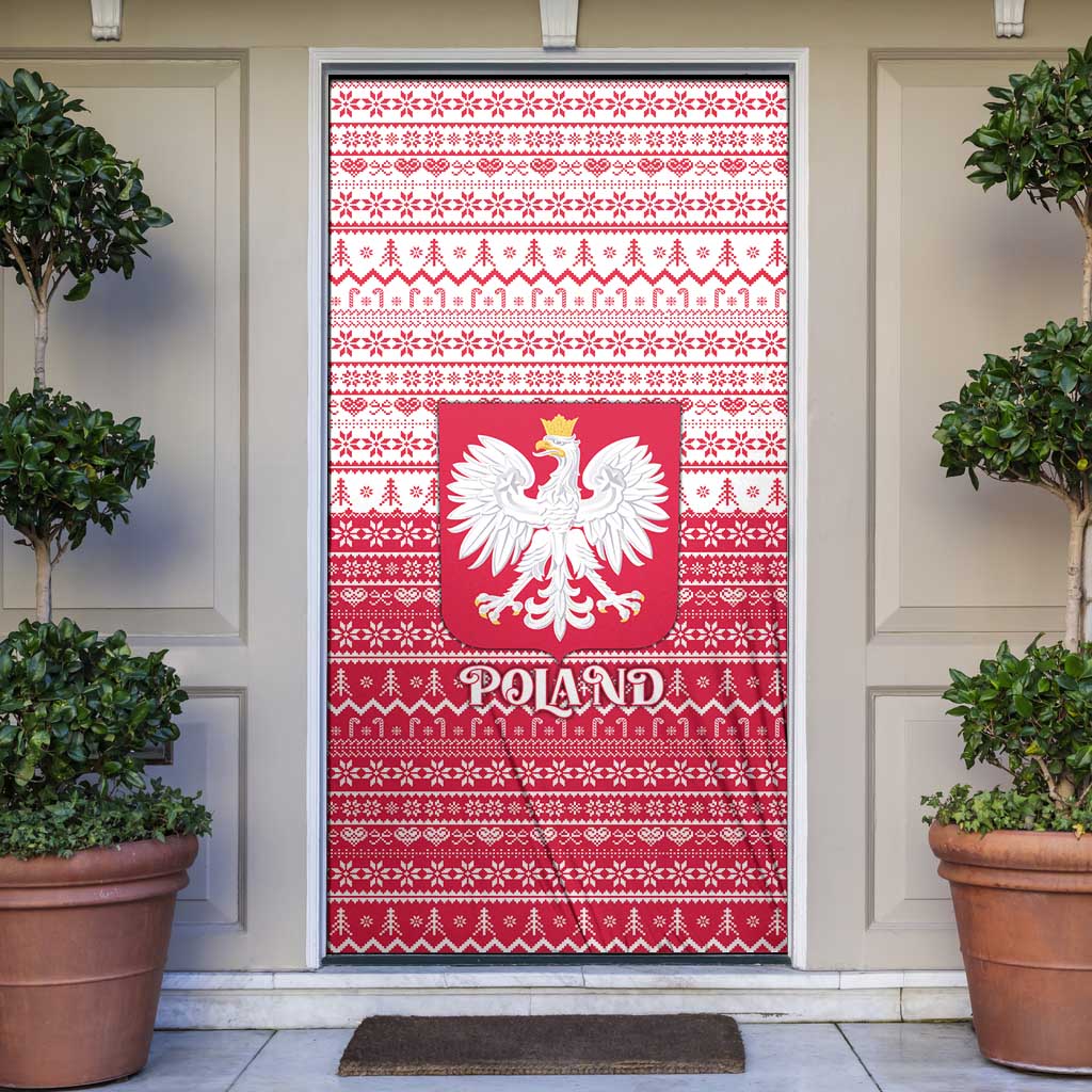 Poland Christmas Door Cover with Santa Riding Stork White Eagle Emblem and Red Snowflake Knit Pattern Design - Wonder Print Shop