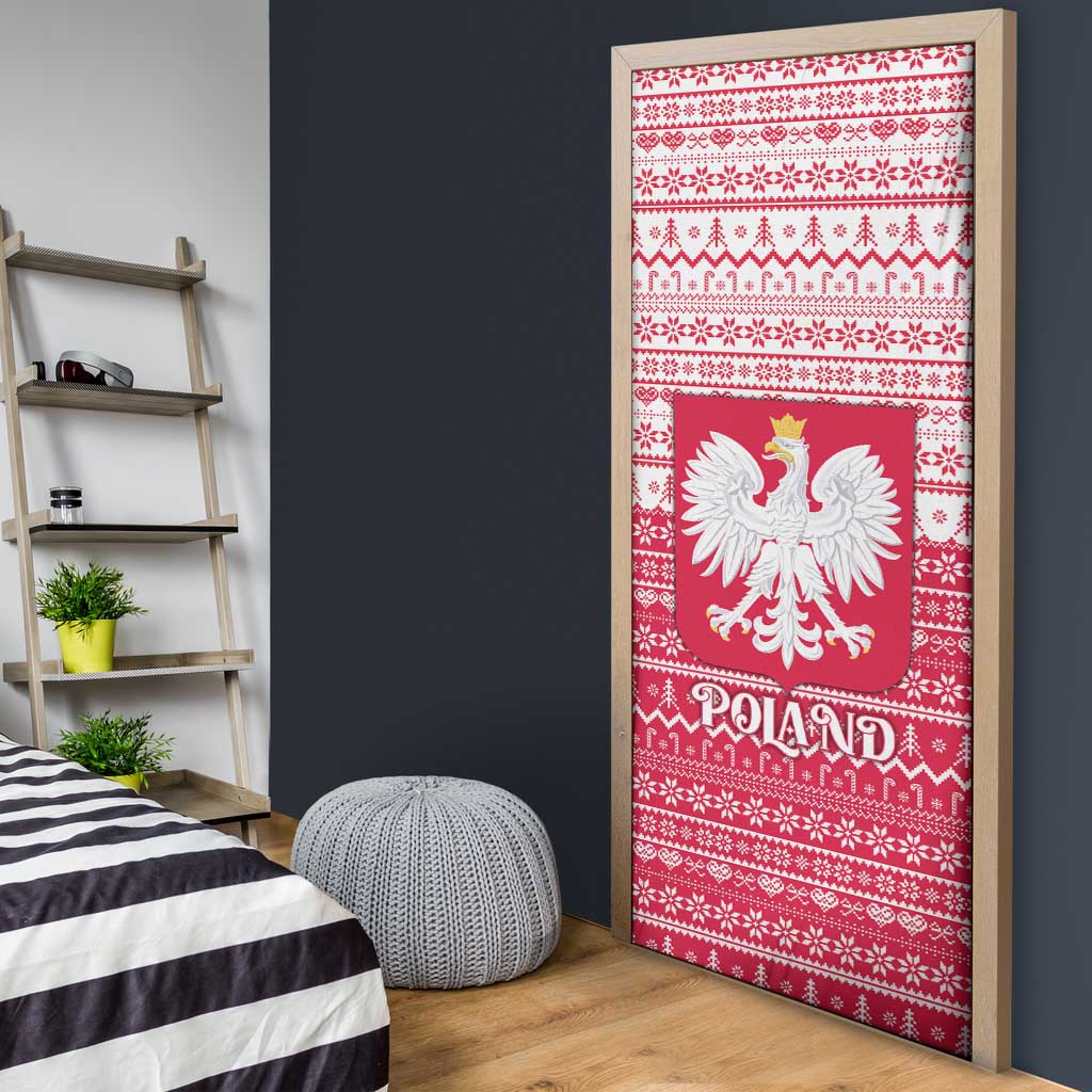 Poland Christmas Door Cover with Santa Riding Stork White Eagle Emblem and Red Snowflake Knit Pattern Design - Wonder Print Shop
