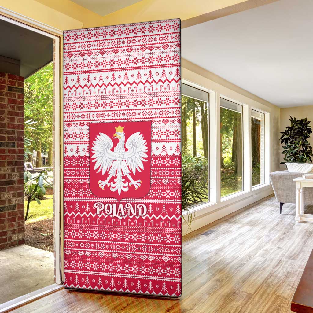Poland Christmas Door Cover with Santa Riding Stork White Eagle Emblem and Red Snowflake Knit Pattern Design - Wonder Print Shop