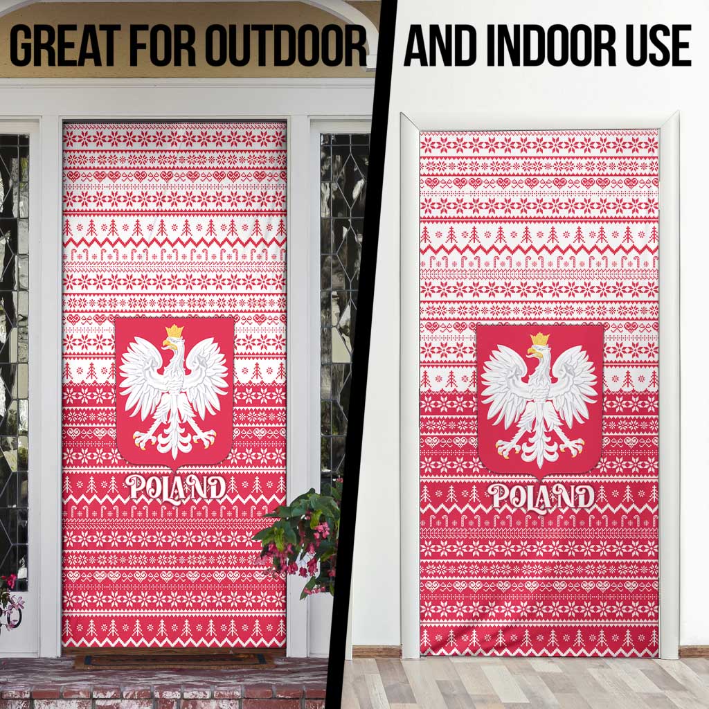 Poland Christmas Door Cover with Santa Riding Stork White Eagle Emblem and Red Snowflake Knit Pattern Design - Wonder Print Shop