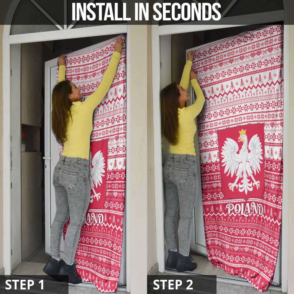 Poland Christmas Door Cover with Santa Riding Stork White Eagle Emblem and Red Snowflake Knit Pattern Design - Wonder Print Shop