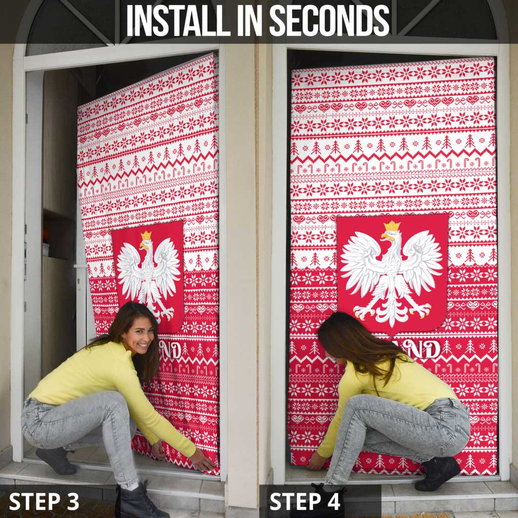 Poland Christmas Door Cover with Santa Riding Stork White Eagle Emblem and Red Snowflake Knit Pattern Design - Wonder Print Shop