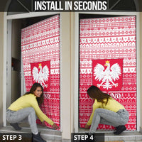 Poland Christmas Door Cover with Santa Riding Stork White Eagle Emblem and Red Snowflake Knit Pattern Design - Wonder Print Shop