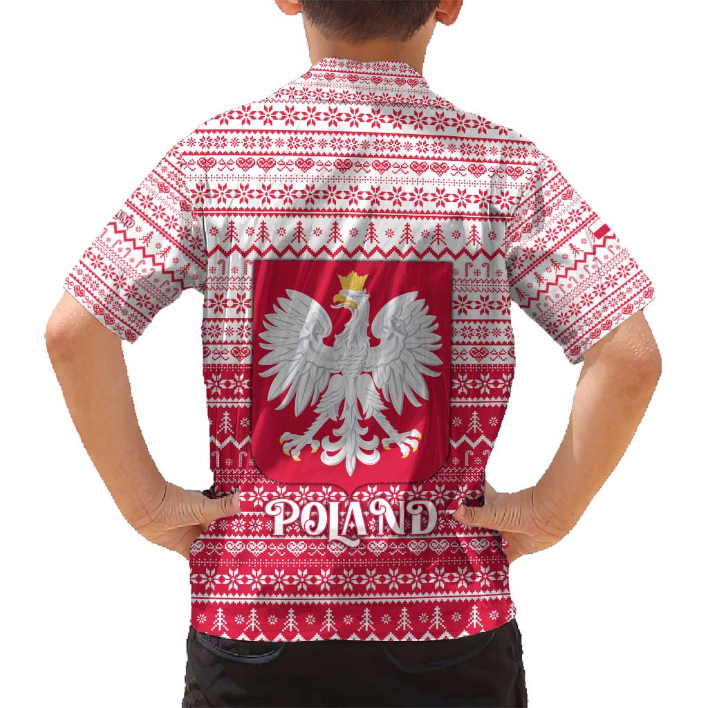 Poland Christmas Family Matching Long Sleeve Bodycon Dress and Hawaiian Shirt with Santa Riding Stork White Eagle Emblem and Red Snowflake Knit Pattern Design - Wonder Print Shop