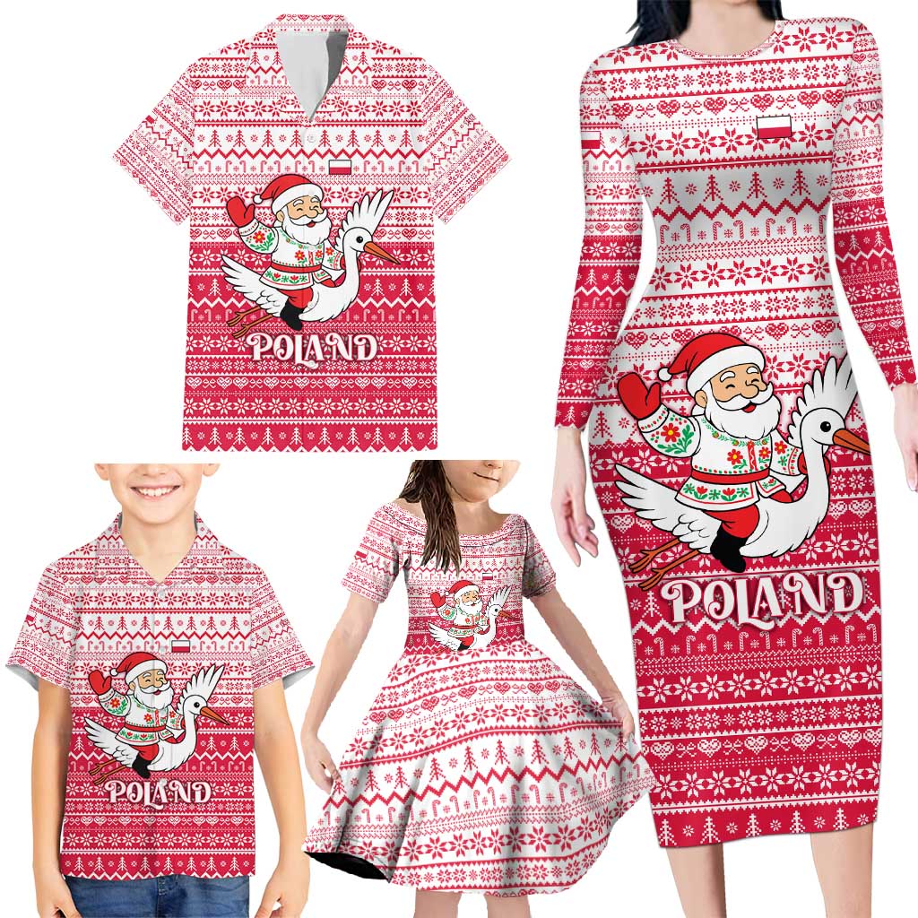 Poland Christmas Family Matching Long Sleeve Bodycon Dress and Hawaiian Shirt with Santa Riding Stork White Eagle Emblem and Red Snowflake Knit Pattern Design - Wonder Print Shop