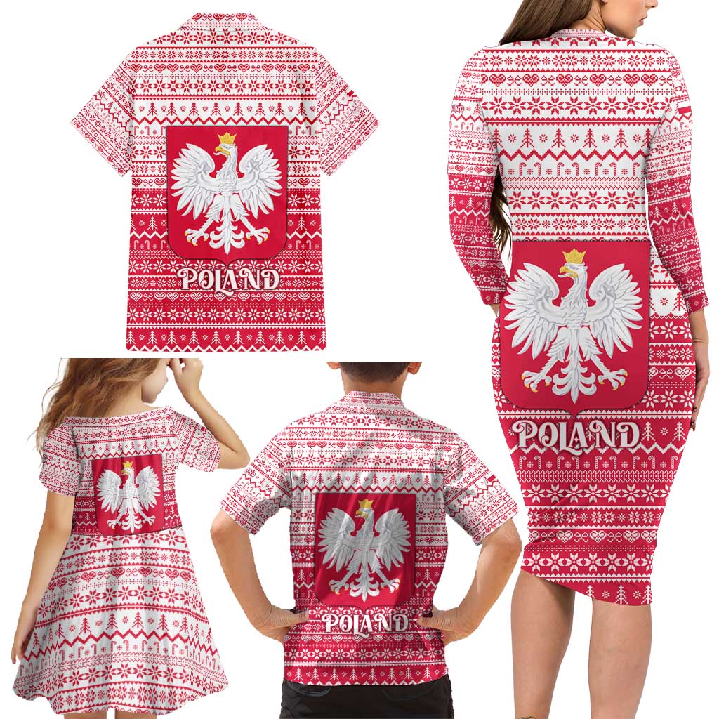Poland Christmas Family Matching Long Sleeve Bodycon Dress and Hawaiian Shirt with Santa Riding Stork White Eagle Emblem and Red Snowflake Knit Pattern Design - Wonder Print Shop