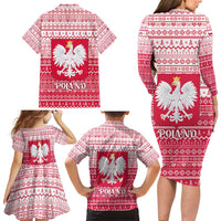 Poland Christmas Family Matching Long Sleeve Bodycon Dress and Hawaiian Shirt with Santa Riding Stork White Eagle Emblem and Red Snowflake Knit Pattern Design - Wonder Print Shop