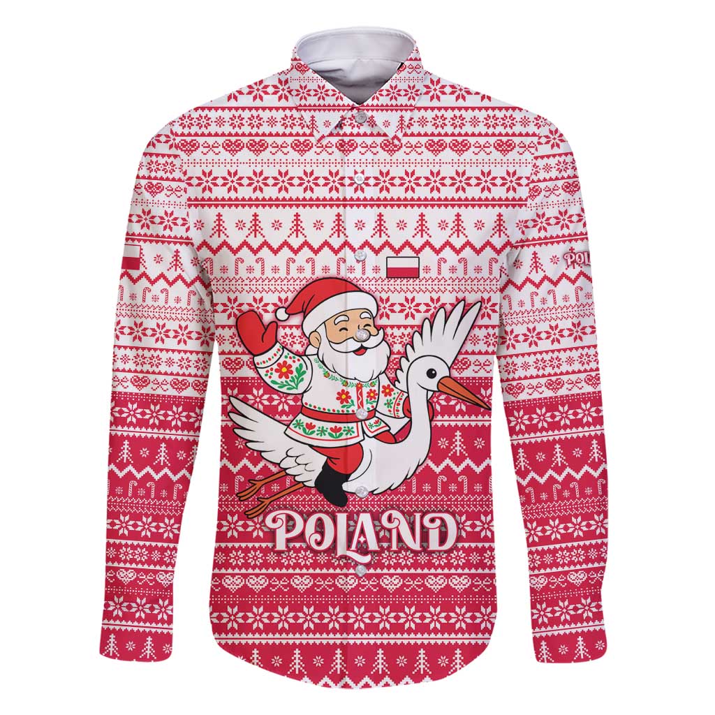 Poland Christmas Family Matching Long Sleeve Bodycon Dress and Hawaiian Shirt with Santa Riding Stork White Eagle Emblem and Red Snowflake Knit Pattern Design - Wonder Print Shop