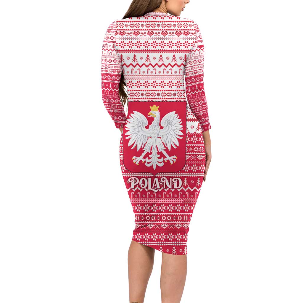 Poland Christmas Family Matching Long Sleeve Bodycon Dress and Hawaiian Shirt with Santa Riding Stork White Eagle Emblem and Red Snowflake Knit Pattern Design - Wonder Print Shop