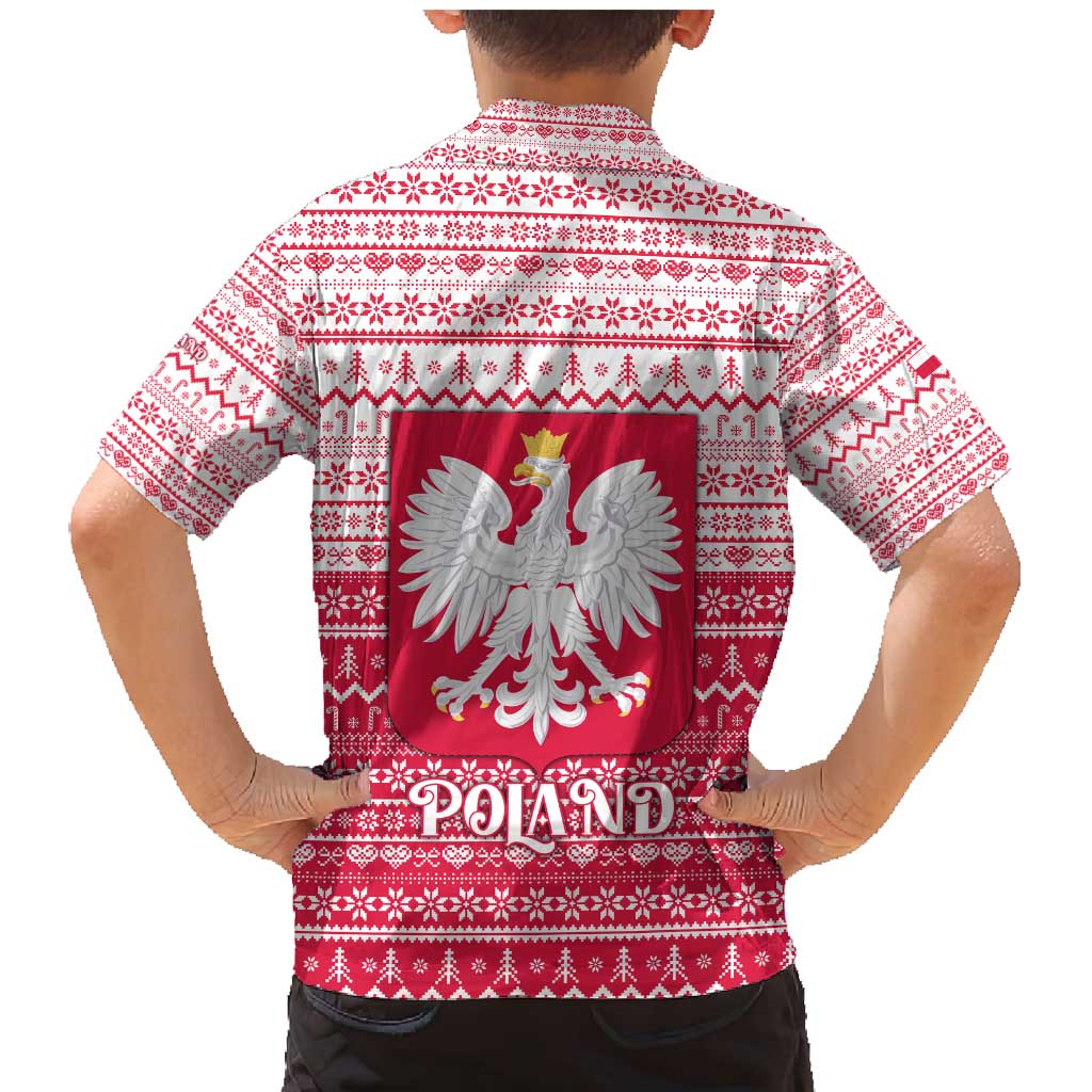 Poland Christmas Family Matching Mermaid Dress and Hawaiian Shirt with Santa Riding Stork White Eagle Emblem and Red Snowflake Knit Pattern Design - Wonder Print Shop