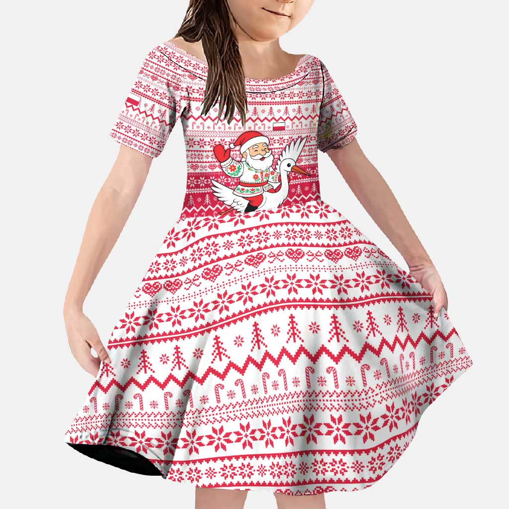Poland Christmas Family Matching Mermaid Dress and Hawaiian Shirt with Santa Riding Stork White Eagle Emblem and Red Snowflake Knit Pattern Design - Wonder Print Shop