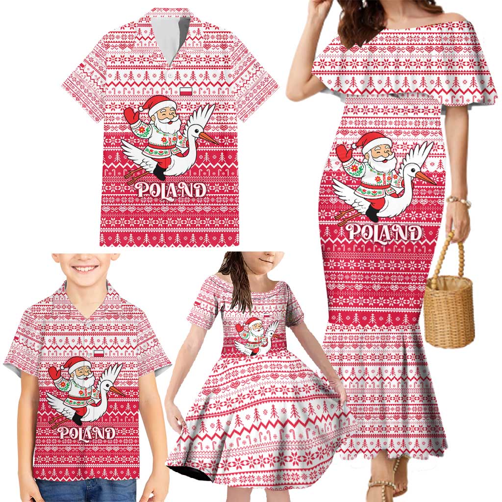 Poland Christmas Family Matching Mermaid Dress and Hawaiian Shirt with Santa Riding Stork White Eagle Emblem and Red Snowflake Knit Pattern Design - Wonder Print Shop