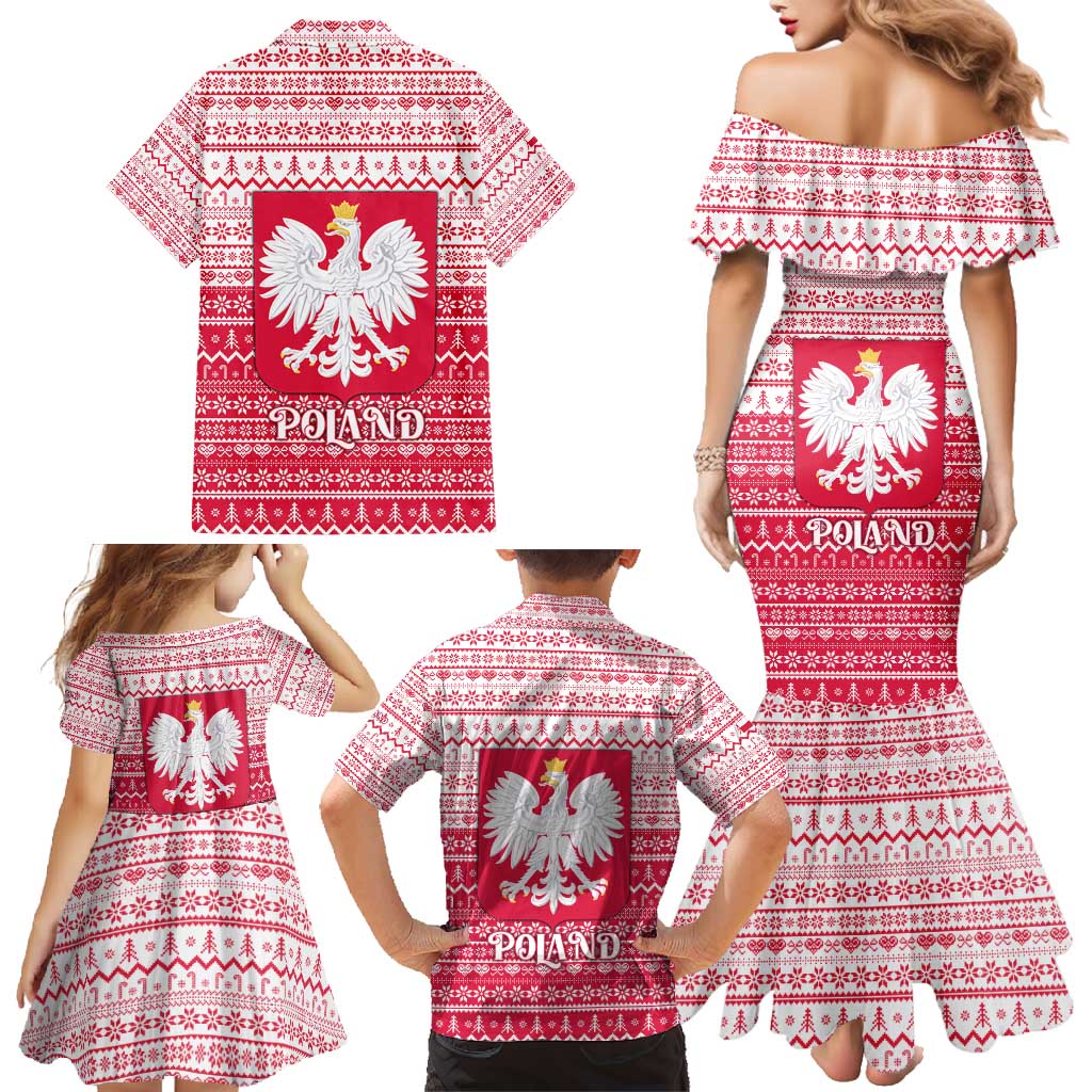 Poland Christmas Family Matching Mermaid Dress and Hawaiian Shirt with Santa Riding Stork White Eagle Emblem and Red Snowflake Knit Pattern Design - Wonder Print Shop