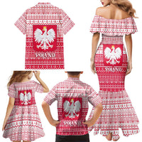 Poland Christmas Family Matching Mermaid Dress and Hawaiian Shirt with Santa Riding Stork White Eagle Emblem and Red Snowflake Knit Pattern Design - Wonder Print Shop