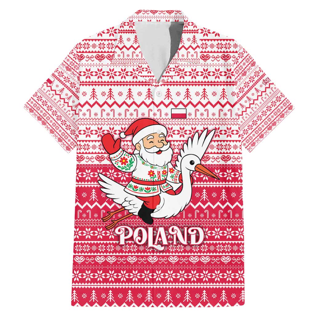 Poland Christmas Family Matching Mermaid Dress and Hawaiian Shirt with Santa Riding Stork White Eagle Emblem and Red Snowflake Knit Pattern Design - Wonder Print Shop