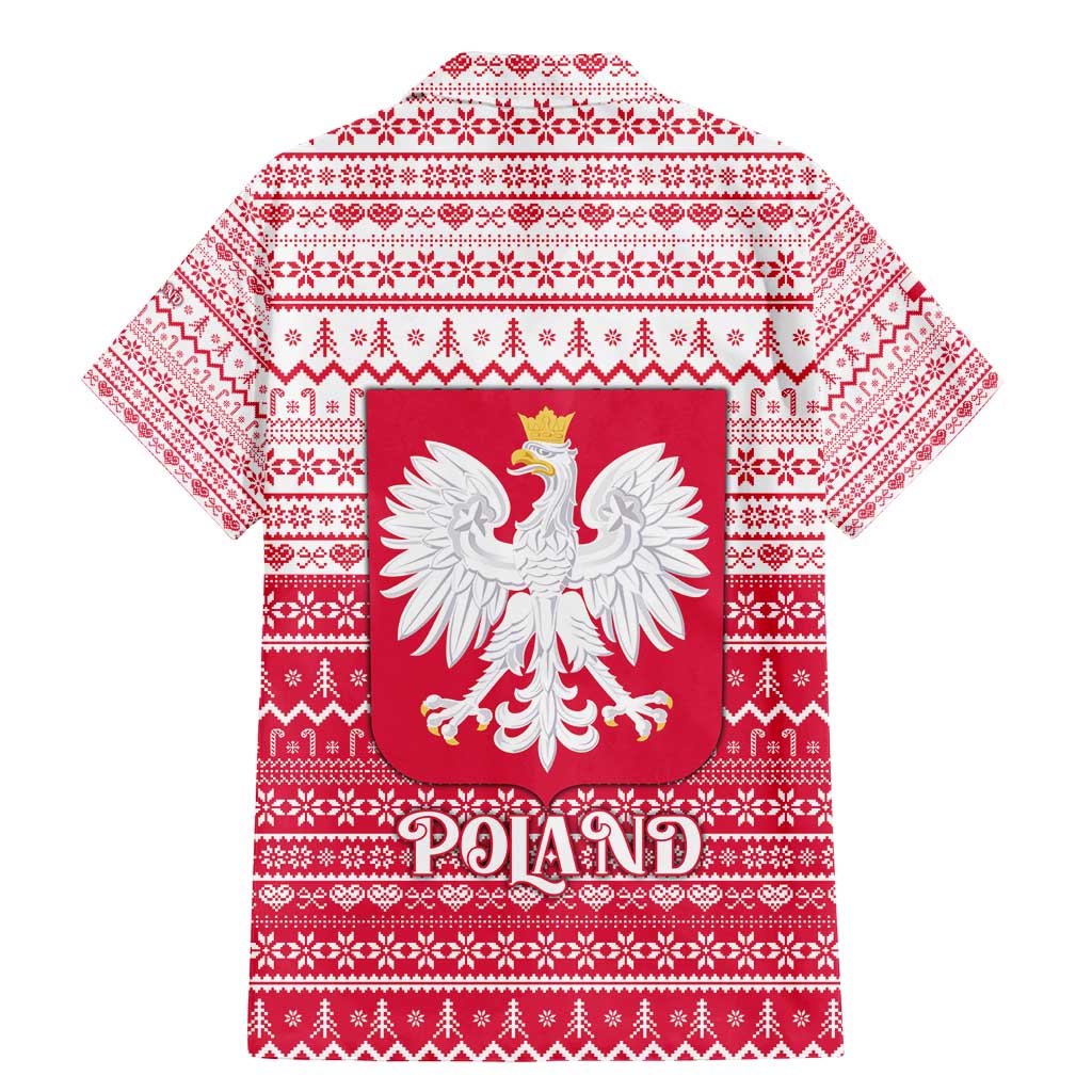 Poland Christmas Family Matching Mermaid Dress and Hawaiian Shirt with Santa Riding Stork White Eagle Emblem and Red Snowflake Knit Pattern Design - Wonder Print Shop