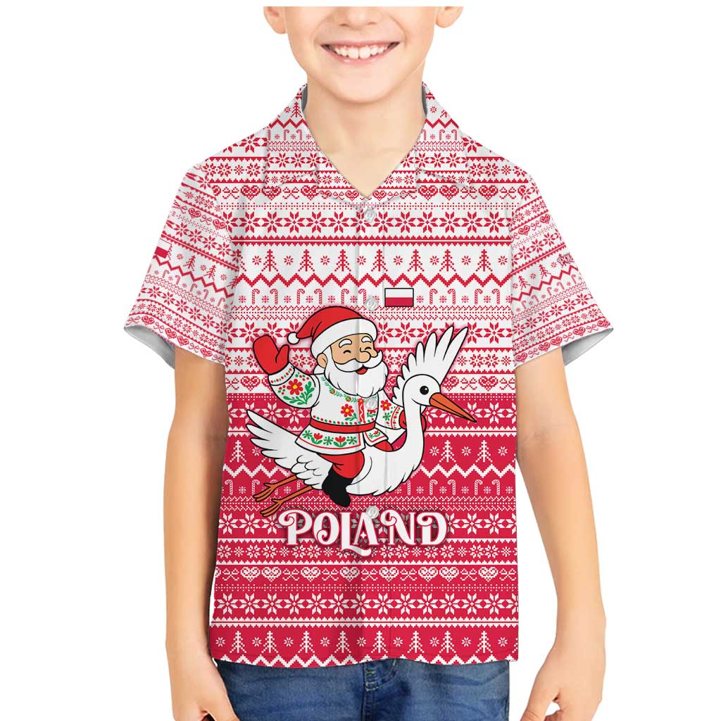 Poland Christmas Family Matching Mermaid Dress and Hawaiian Shirt with Santa Riding Stork White Eagle Emblem and Red Snowflake Knit Pattern Design - Wonder Print Shop