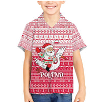 Poland Christmas Family Matching Mermaid Dress and Hawaiian Shirt with Santa Riding Stork White Eagle Emblem and Red Snowflake Knit Pattern Design - Wonder Print Shop